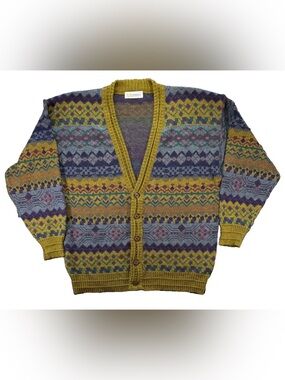Vintage Camela Cardigan Sweater Men's Medium Multicolor Geometric 90s 80s Wool